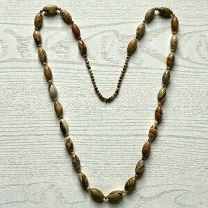 Vintage Natural Jasper Beaded Necklace Long Oval Round Stones Earth Tone Neutral